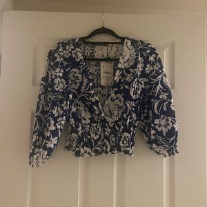Zara Blue and White Floral Blouse